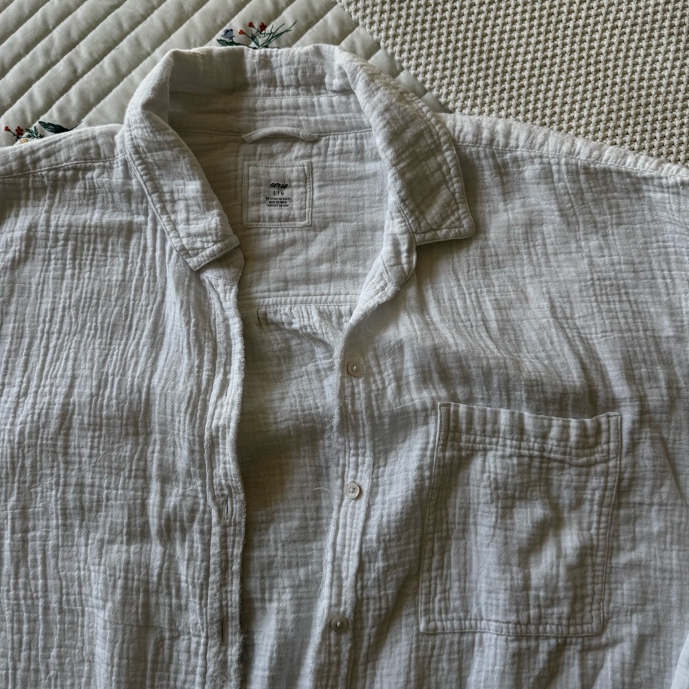 Aerie Oversized Button Down Shirt, White Cotton Lightweight Cover Up – Large - Picture 3 of 7